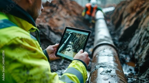 A professional engineer using a tablet to document the construction of underground water pipes