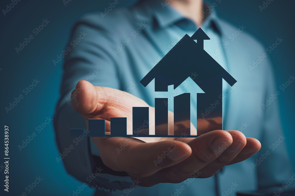 Real estate growth: A professional hand holds a holographic projection of a house ascending among growth bars, symbolizing the dynamic real estate market.