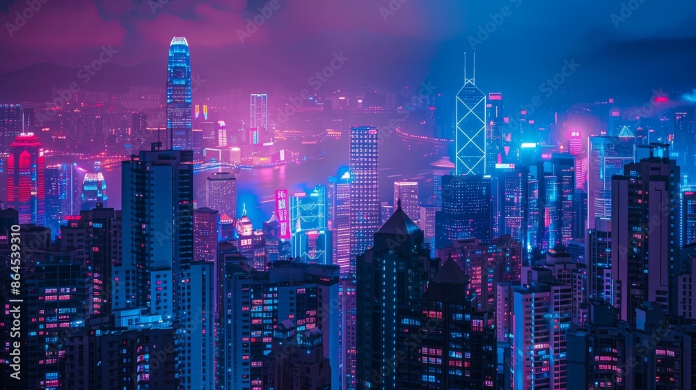 Obraz premium City night in China. Skyscrapers in Asia skyline. Modern architecture in Hong Kong. Urban harbor at Victoria, cityscape downtown business. Hong Kong metropolis with aerial tower.