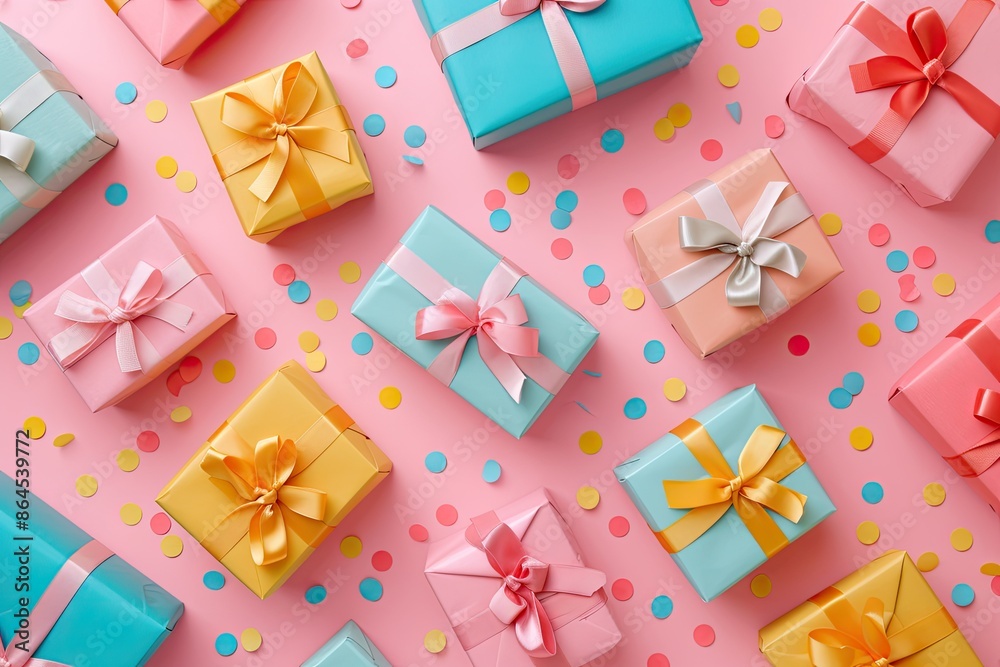 a bunch of colorful wrapped presents on a pink surface, Craft a background featuring birthday presents and gift boxes a bunch of colorful wrapped presents on a pink surface, Craft a background featuring birthday presents and gift boxes