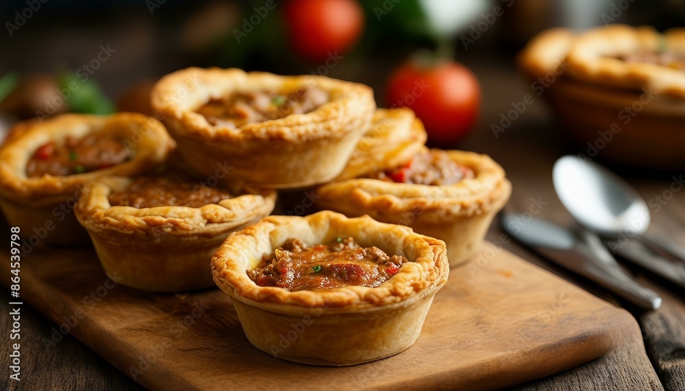 A table filled with different kinds of meat pie cups, some on top of each other or stacked, along with two knives and one spoon nearby. A table filled with different kinds of meat pie cups, some on top of each other or stacked, along with two knives and one spoon nearby.