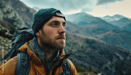 Elderly man on a mountain hike with a large backpack, wearing a beanie, warm jacket, and scenic background. AIG58 photo