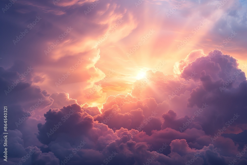 A breathtaking view of a vibrant sunset with dramatic clouds, casting a warm, ethereal glow across the sky.