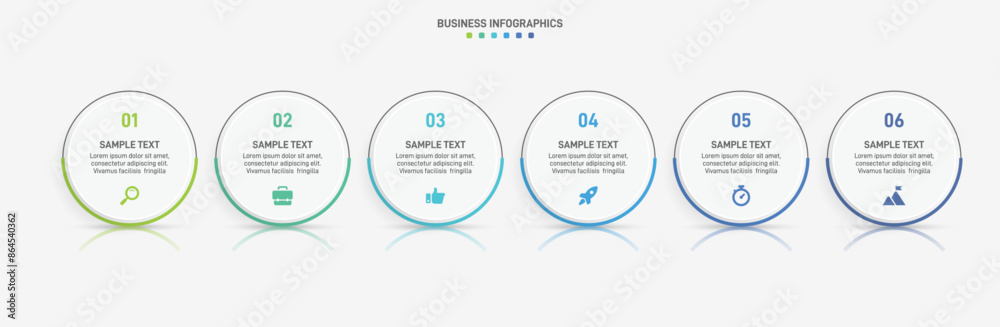 Naklejka premium Horizontal progress bar featuring 6 arrow-shaped elements, symbolizing the six stages of business strategy and progression. Clean timeline infographic design template. Vector for presentation