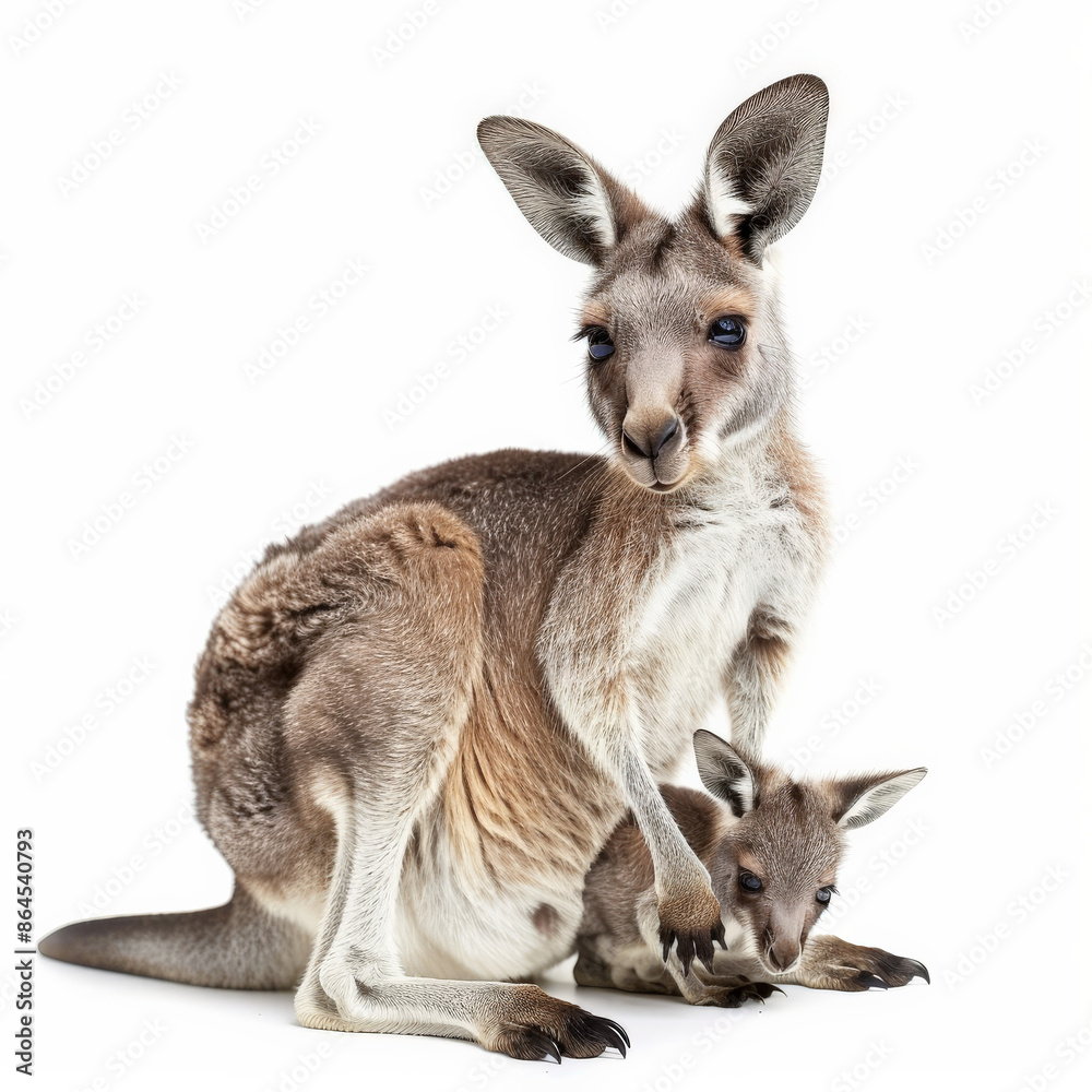 An adorable baby kangaroo peeking out of its mother's pouch, isolated on white background