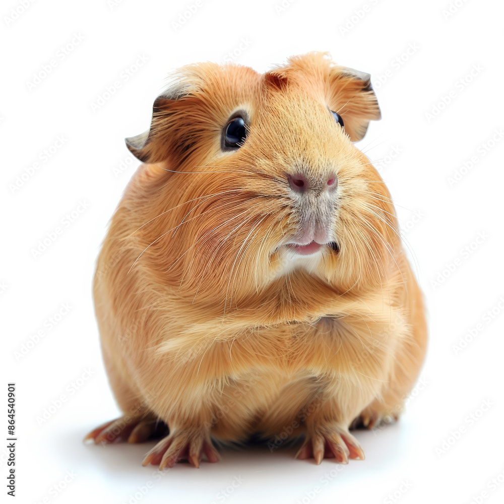 A small, cute guinea pig with a shiny coat, sitting and looking around, isolated on white background A small, cute guinea pig with a shiny coat, sitting and looking around, isolated on white background