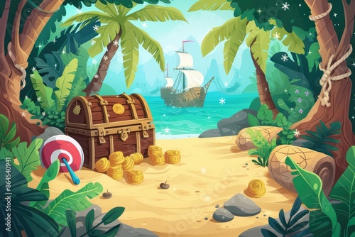 a pirate's chest on the beach with a pirate ship in the background, Design a background featuring a birthday treasure hunt scene photo