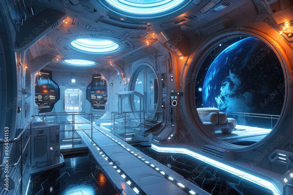 a space station floating in the ocean, Design an otherworldly space station with advanced technology and cosmic views a space station floating in the ocean, Design an otherworldly space station with advanced technology and cosmic views