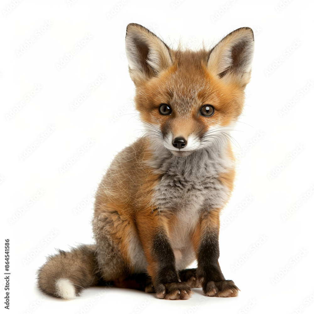 A tiny baby fox with a bushy tail and big ears, sitting and looking curious, isolated on white background A tiny baby fox with a bushy tail and big ears, sitting and looking curious, isolated on white background