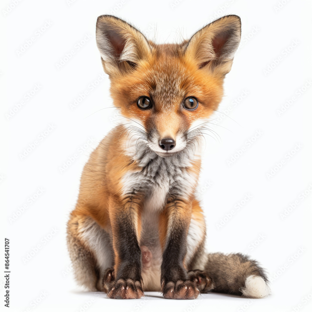 A cute red fox kit with big ears and a bushy tail, sitting and looking curious, isolated on white background A cute red fox kit with big ears and a bushy tail, sitting and looking curious, isolated on white background