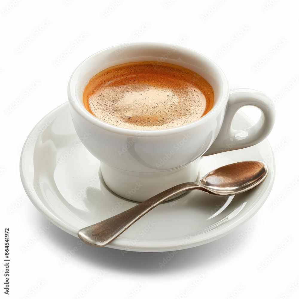A cup of espresso with a small spoon on the saucer, isolated on white background A cup of espresso with a small spoon on the saucer, isolated on white background