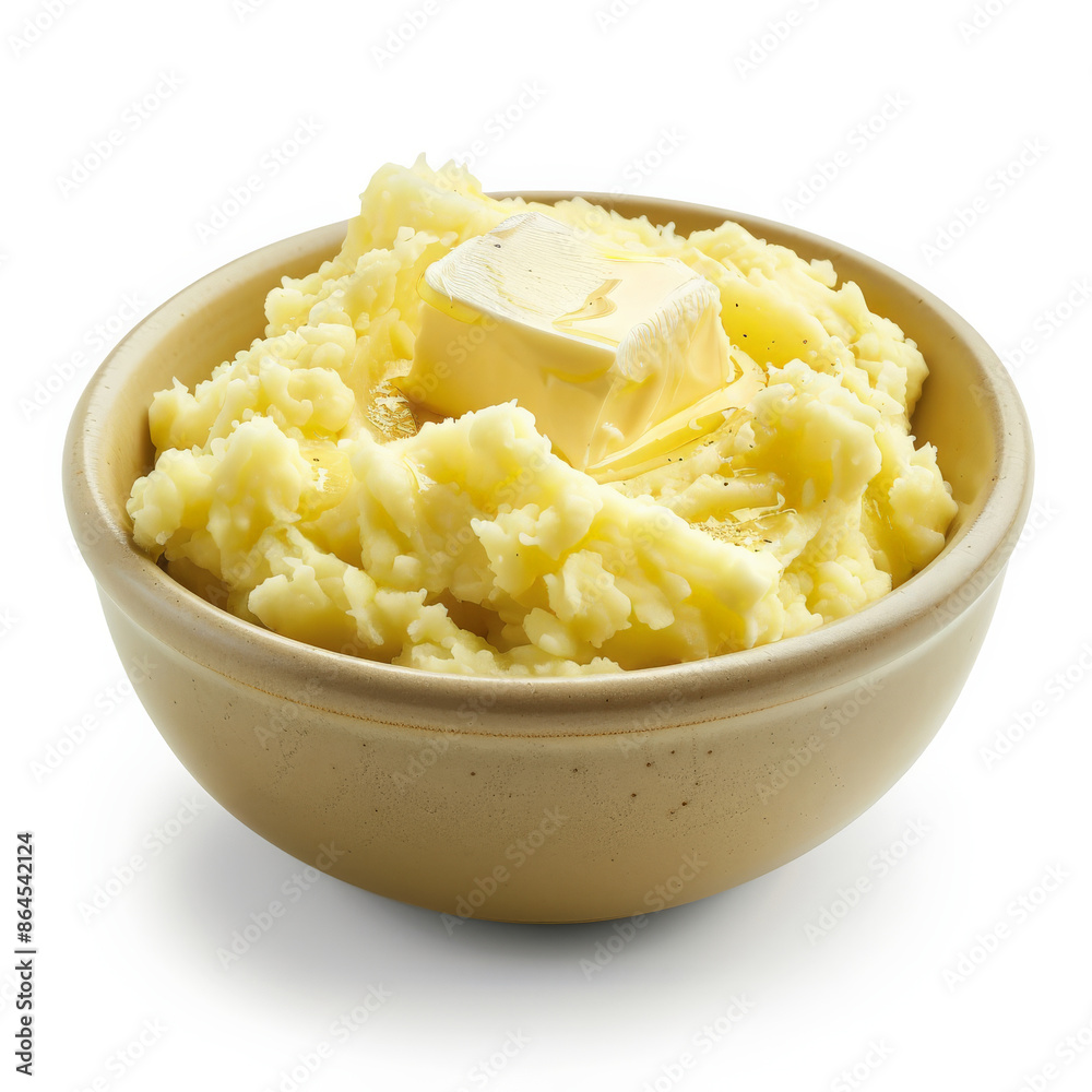 A bowl of mashed potatoes with a pat of melting butter, isolated on white background A bowl of mashed potatoes with a pat of melting butter, isolated on white background