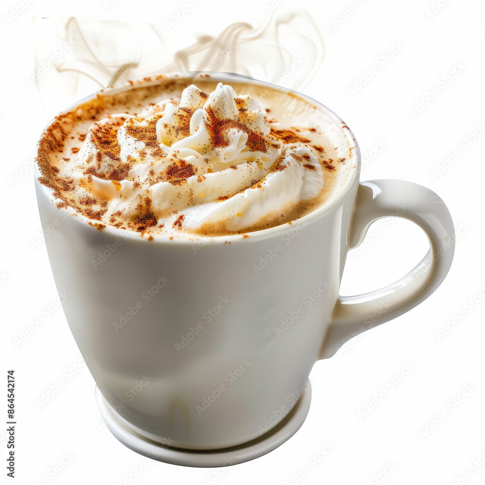 A steaming cup of hot gingerbread latte with a sprinkle of nutmeg, isolated on white background A steaming cup of hot gingerbread latte with a sprinkle of nutmeg, isolated on white background