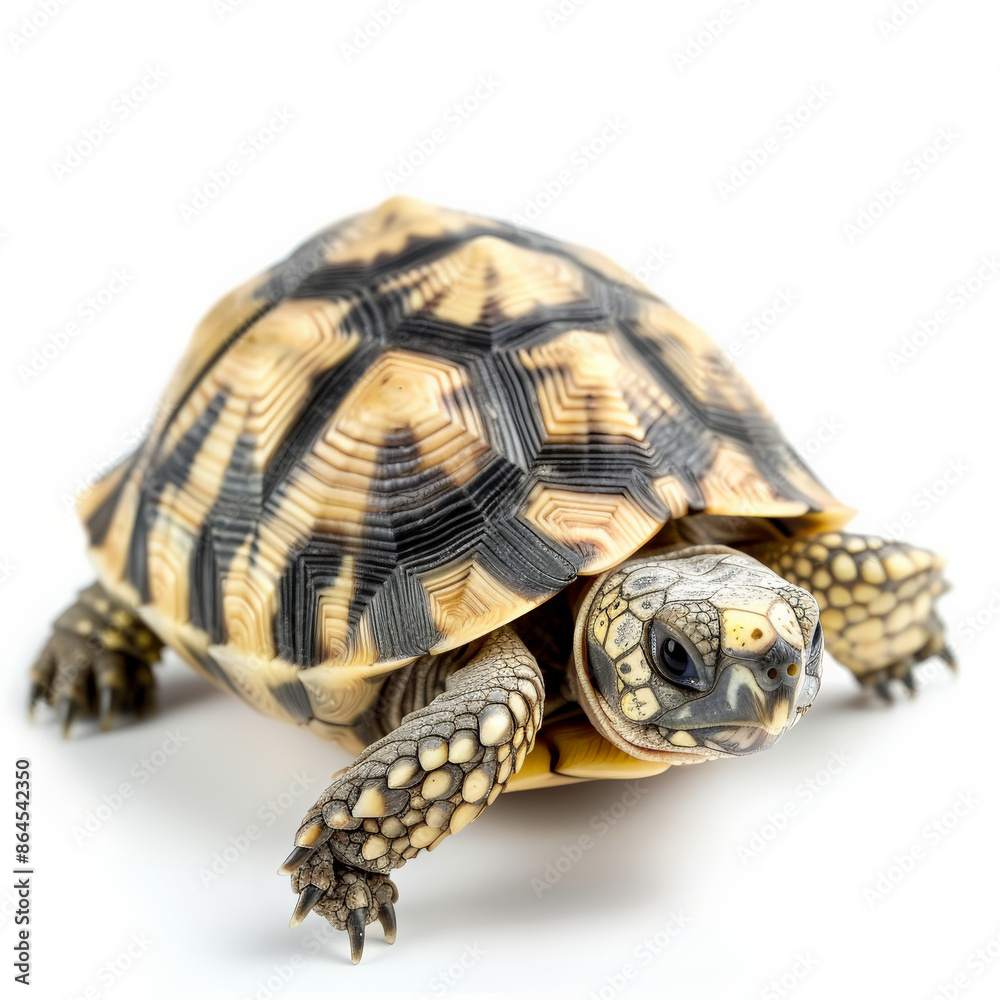 A sweet little turtle with a patterned shell, walking slowly, isolated on white background A sweet little turtle with a patterned shell, walking slowly, isolated on white background