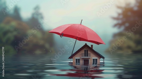 A house with an umbrella sheltering it from water, on a minimalistic background. Concept of insurance and protection