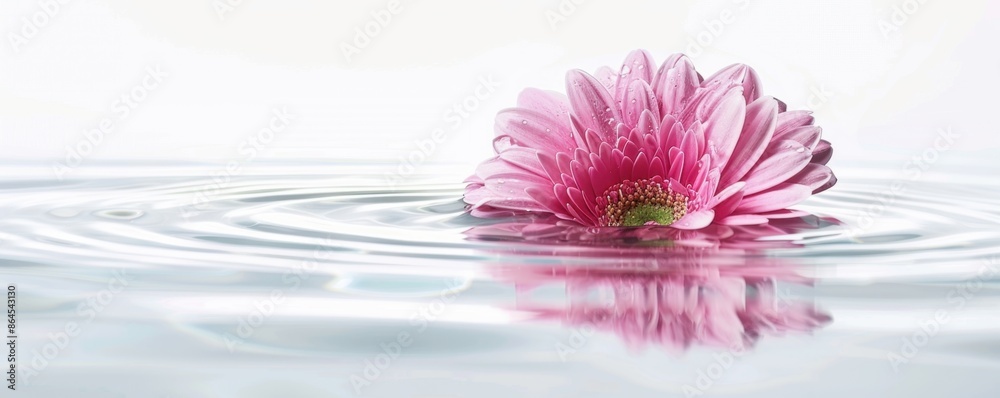 Obraz premium A minimalistic banner featuring an isolated pink gerbera flower floating on clear water, with ripples and shadows in the background, symbolizing tranquility and natural beauty Generative AI