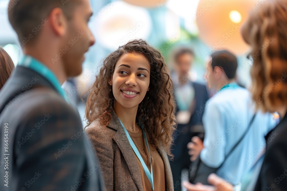 a woman talking to a man at a business event, Multicultural business people attending a huge global conference, interacting and networking in a grand hall a woman talking to a man at a business event, Multicultural business people attending a huge global conference, interacting and networking in a grand hall