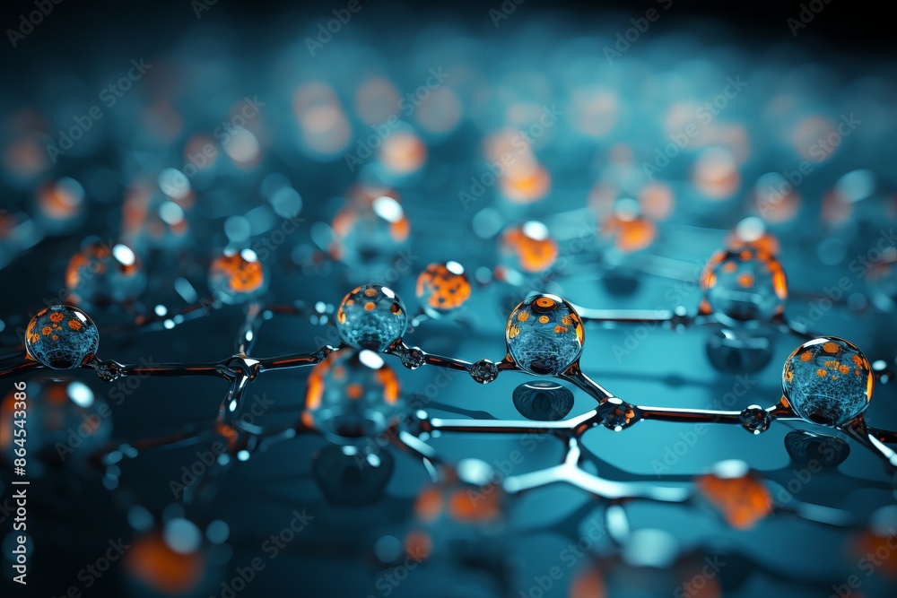 Abstract representation of molecular structure with blue and orange highlights, illustrating scientific and technological innovation. Abstract representation of molecular structure with blue and orange highlights, illustrating scientific and technological innovation.