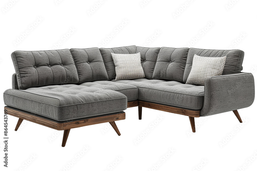 Fototapeta premium Gray Sectional Sofa With Wooden Legs