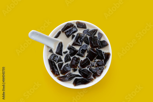Grass jelly in milk, herbal dessert. Mesona chinensis photo