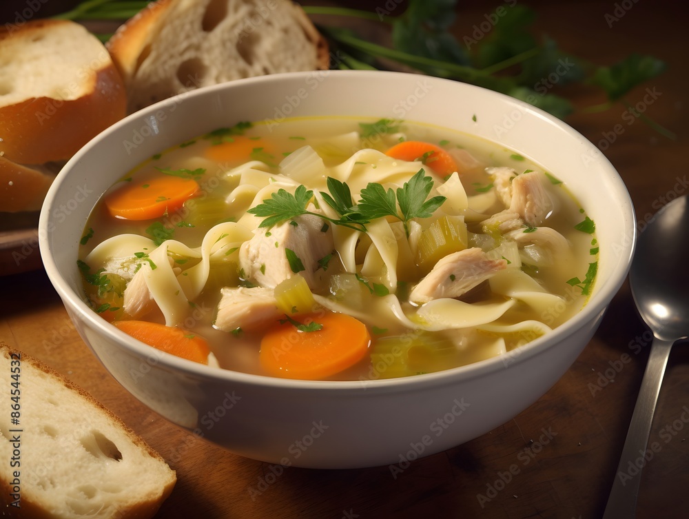 Hearty homemade chicken fusilli soup with carrots and fresh herbs. Hearty homemade chicken fusilli soup with carrots and fresh herbs.