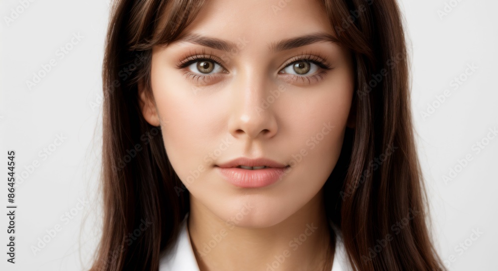 A beautiful young woman with a perfect face, brown hair and green eyes, wearing a white shirt. A beautiful young woman with a perfect face, brown hair and green eyes, wearing a white shirt.