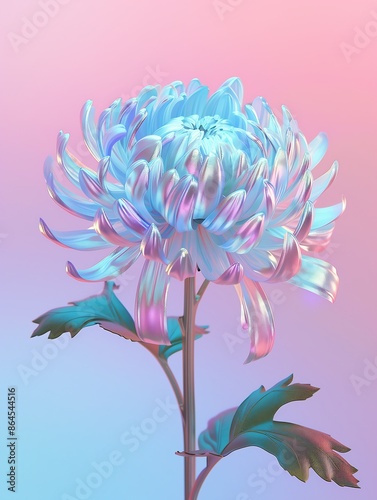 digital illustration, 3d iridescent chrysanthemum on a pink and blue gradient background, free space for text photo