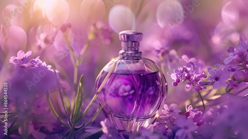 Perfume bottle amidst purple flowers