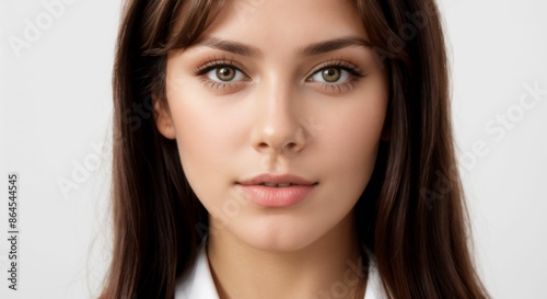 A beautiful young woman with a perfect face, brown hair and green eyes, wearing a white shirt.
