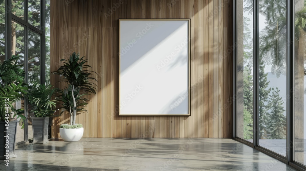 An empty framed poster on a wooden wall in a modern, well-lit office hallway with large windows An empty framed poster on a wooden wall in a modern, well-lit office hallway with large windows
