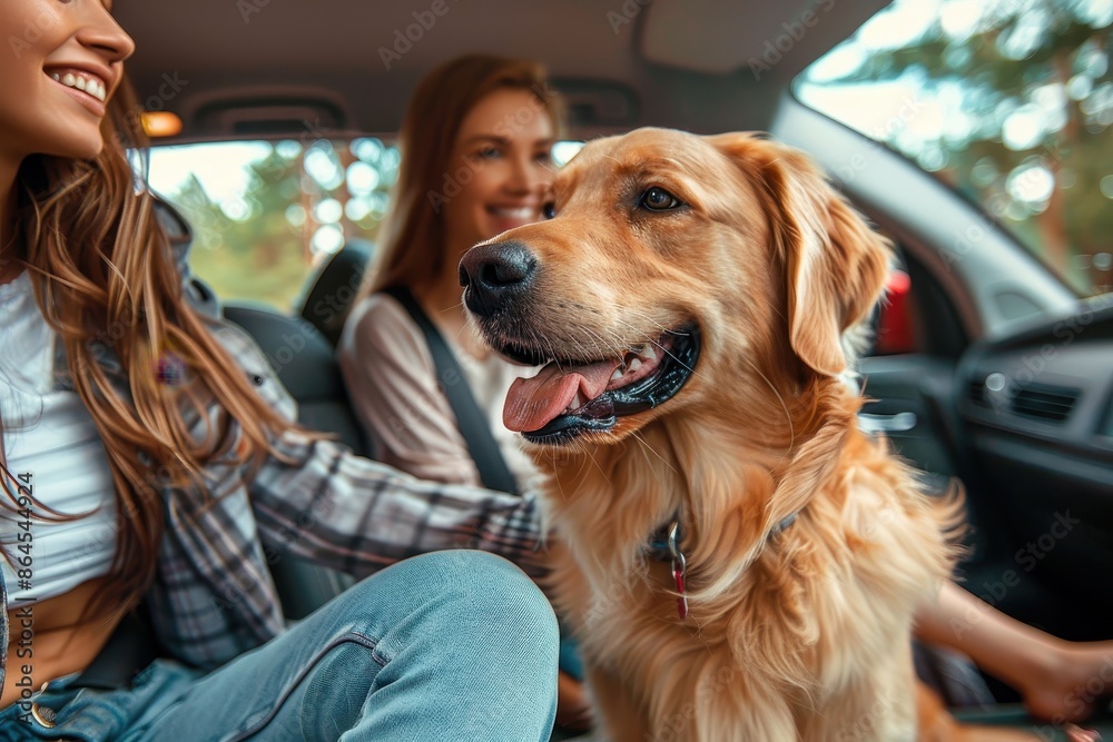 A golden retriever happily explores the interior of a car while sharing a joyful ride with family members, reflecting the mutual bond of love and companionship. A golden retriever happily explores the interior of a car while sharing a joyful ride with family members, reflecting the mutual bond of love and companionship.