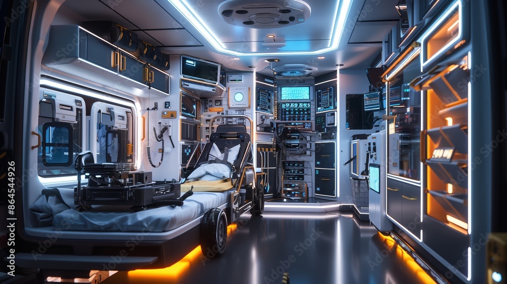 A sleek, tech-equipped ambulance speeds through the city, reflecting vibrant urban lights. A sleek, tech-equipped ambulance speeds through the city, reflecting vibrant urban lights.