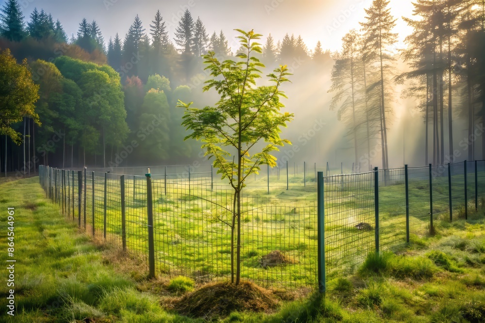 Fototapeta premium A serene forest landscape with a newly planted sapling, surrounded by protective fencing, in a verdant clearing, with lush greenery and misty atmosphere.