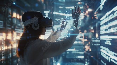 Person using a virtual reality headset in a futuristic environment interacting with 3D graphics. Generative AI