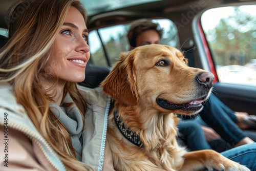 A woman shares a delightful moment with her pet dog as they enjoy a car ride together, exemplifying the affectionate and close relationship between humans and their pets.