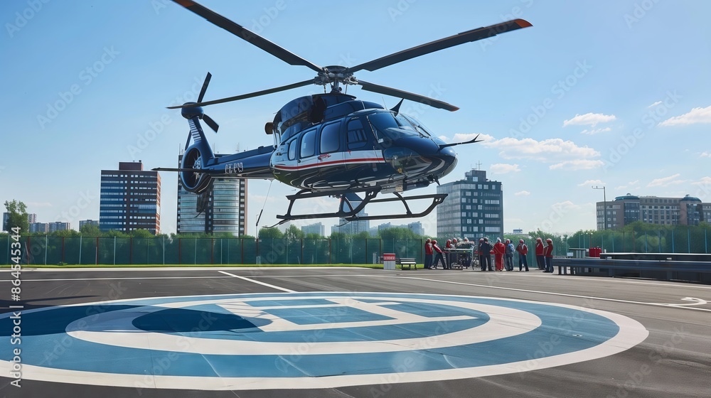 A helicopter lands at City Hospital; the medical team swiftly responds with advanced emergency care.