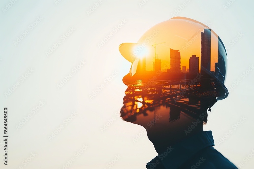 Double exposure of a construction worker wearing a helmet with city skyline in the background, symbolizing urban development and progress. Double exposure of a construction worker wearing a helmet with city skyline in the background, symbolizing urban development and progress.