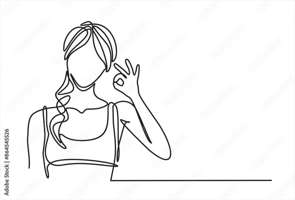 Single continuous line drawing woman in casual clothes gesturing ok sign. Okay sign, gesture language concept. Smiling sport female standing showing ok. Ok sign hand gesture continuous line Single continuous line drawing woman in casual clothes gesturing ok sign. Okay sign, gesture language concept. Smiling sport female standing showing ok. Ok sign hand gesture continuous line