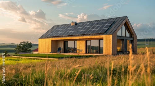 Stunning eco-friendly modern house with solar panels surrounded by lush green fields and golden grasses, bathed in soft evening sunlight, promoting sustainable living.