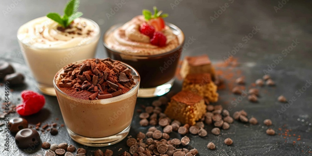 Captivating summer desserts with fresh berries in glass jars on dark slate; chocolate, vanilla, and fruit flavors. Copy space. Captivating summer desserts with fresh berries in glass jars on dark slate; chocolate, vanilla, and fruit flavors. Copy space.