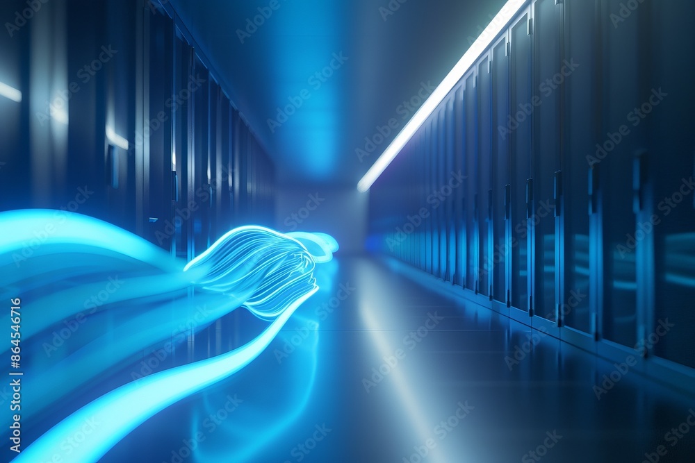 High-speed data transfer in a futuristic server room with fiber optic ...