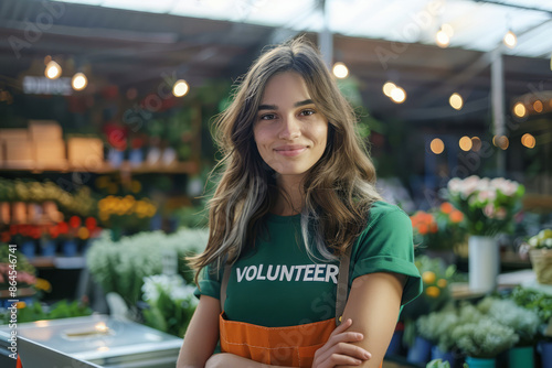 Cheerful young female volunteer working at flower shop, surrounded by vibrant flowers and plants. Community service