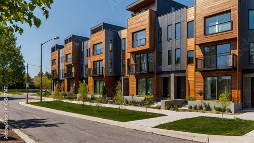 Street with modern modular private townhouses. Appearance of residential architecture