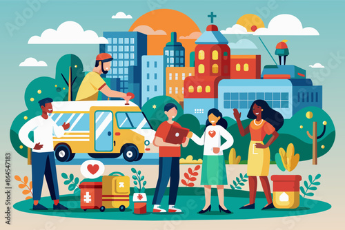 people standing around a van with a man on top, Providing transportation for those in need