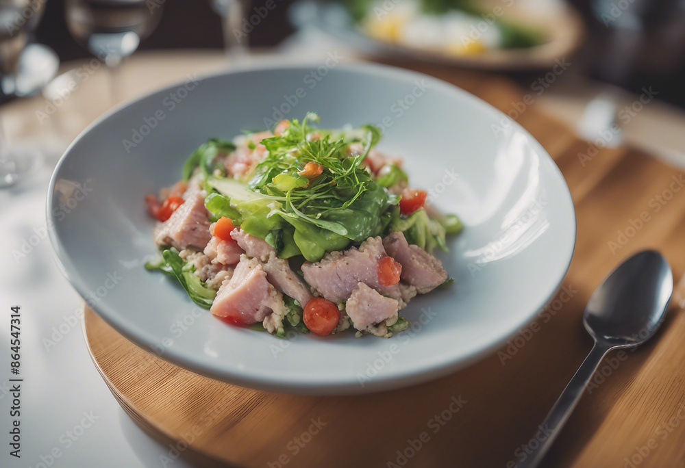 tuna salad in a bowl at restaurant, commercial shoot, copy space for text. tuna salad in a bowl at restaurant, commercial shoot, copy space for text.