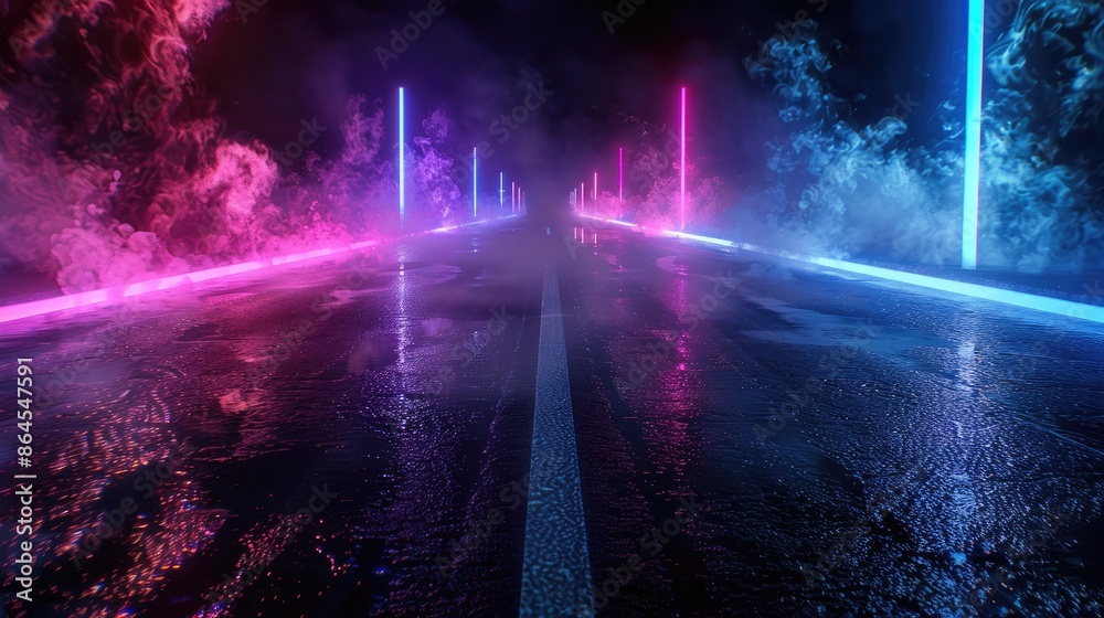 Naklejka premium 3D rendering old wet asphalt neon lights street with smoke on black background
