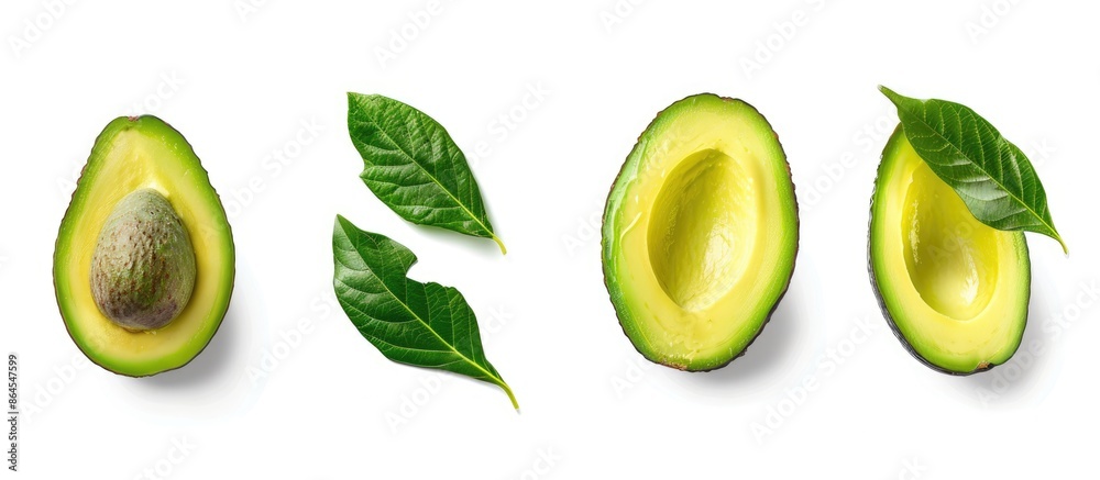 Photo of isolated avocado fruit with leaves. Whole avocado, half, slice, and leaves on a white background. Isolated slices of avocado with leaf and zest, including clipping path. 