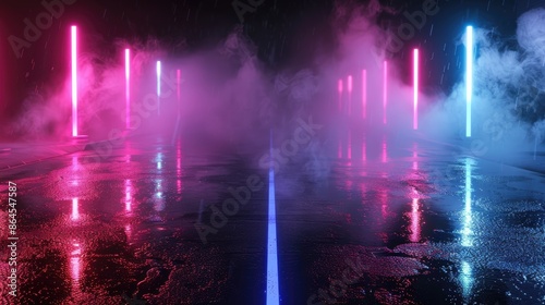 3D rendering old wet asphalt neon lights street with smoke on black background