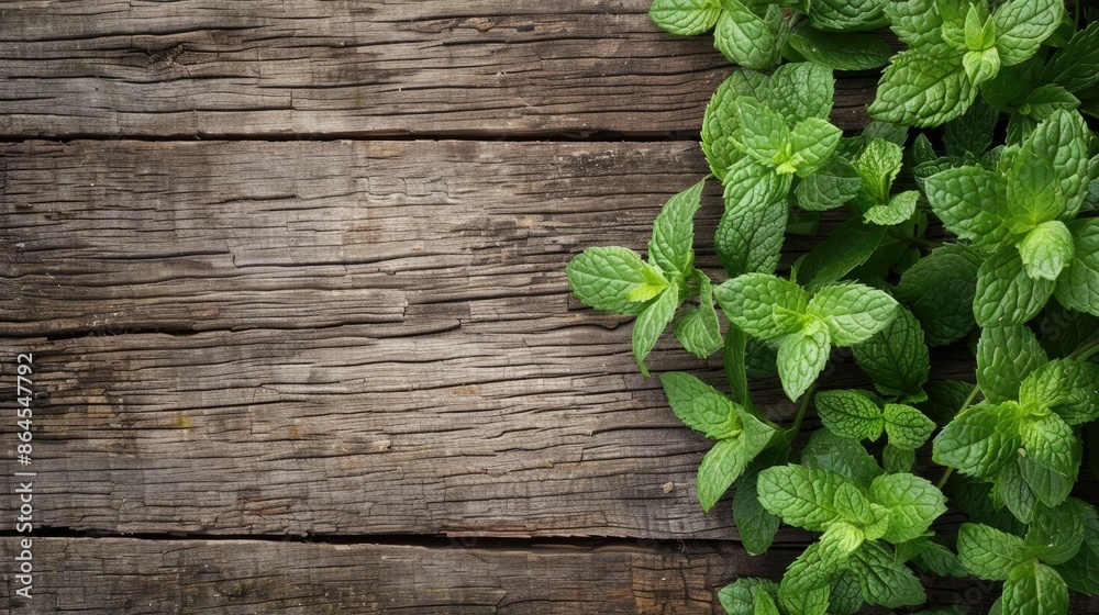 Fresh mint displayed on wooden background elongated banner Fresh mint displayed on wooden background elongated banner