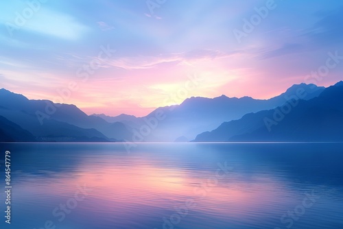 Serene sunrise over a calm lake with misty mountains in the background, reflecting pastel colors of pink and blue in the calm waters.